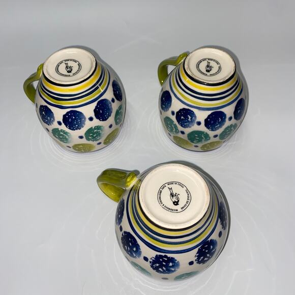 3 Anthropologie Bubble Shaped Kantha Spongeware Dots & Stripes Coffee Tea Mug - Picture 7 of 8